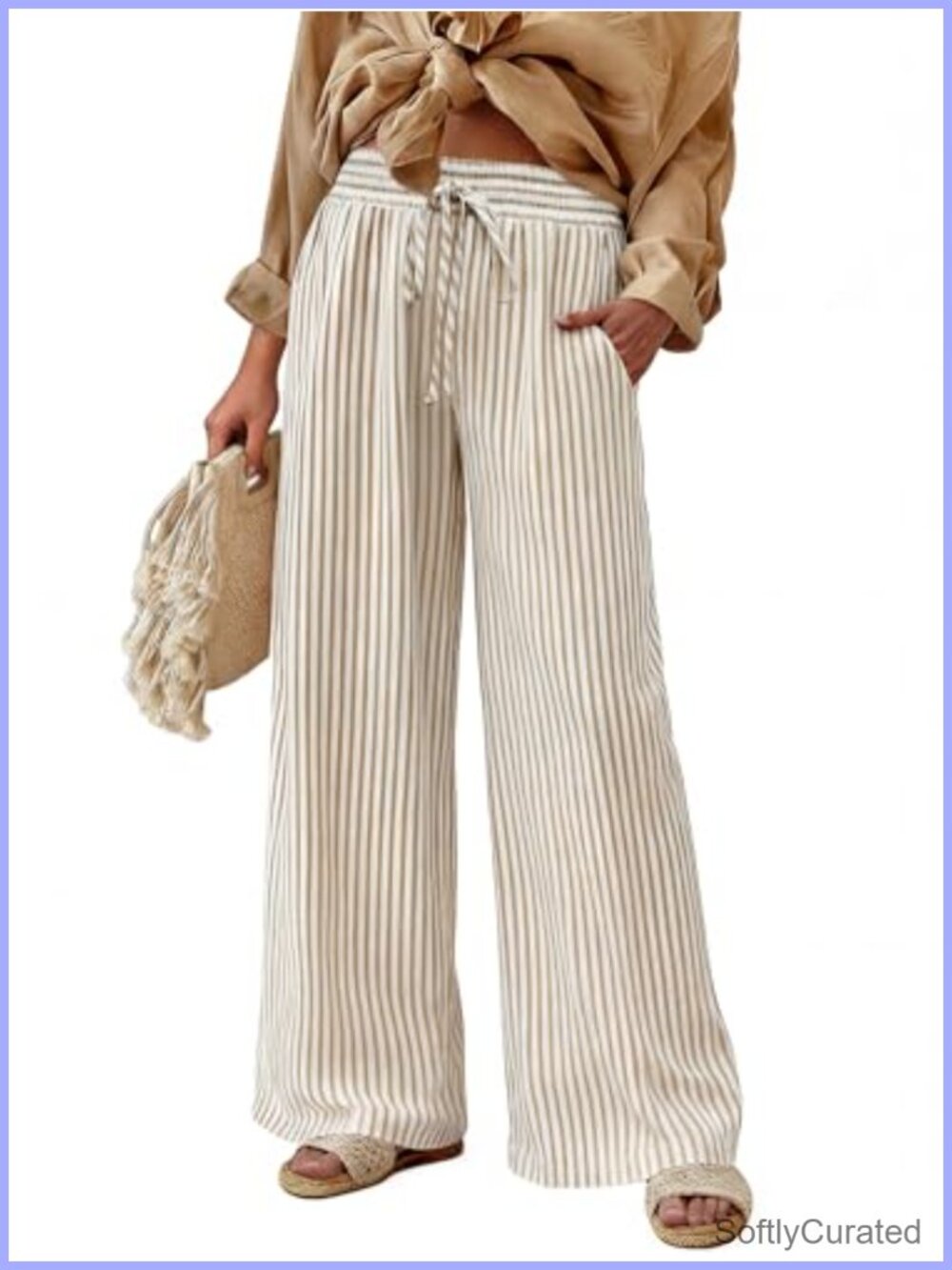 Womens Striped Wide Leg Palazzo Pants High Waisted Elastic Drawstring Trousers